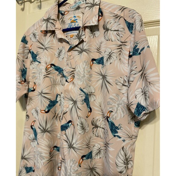 Good Vibes Life Is A Beach 80s Pastel Pink Bird Hawaiian Mens Shirt Med Resort - Picture 7 of 12